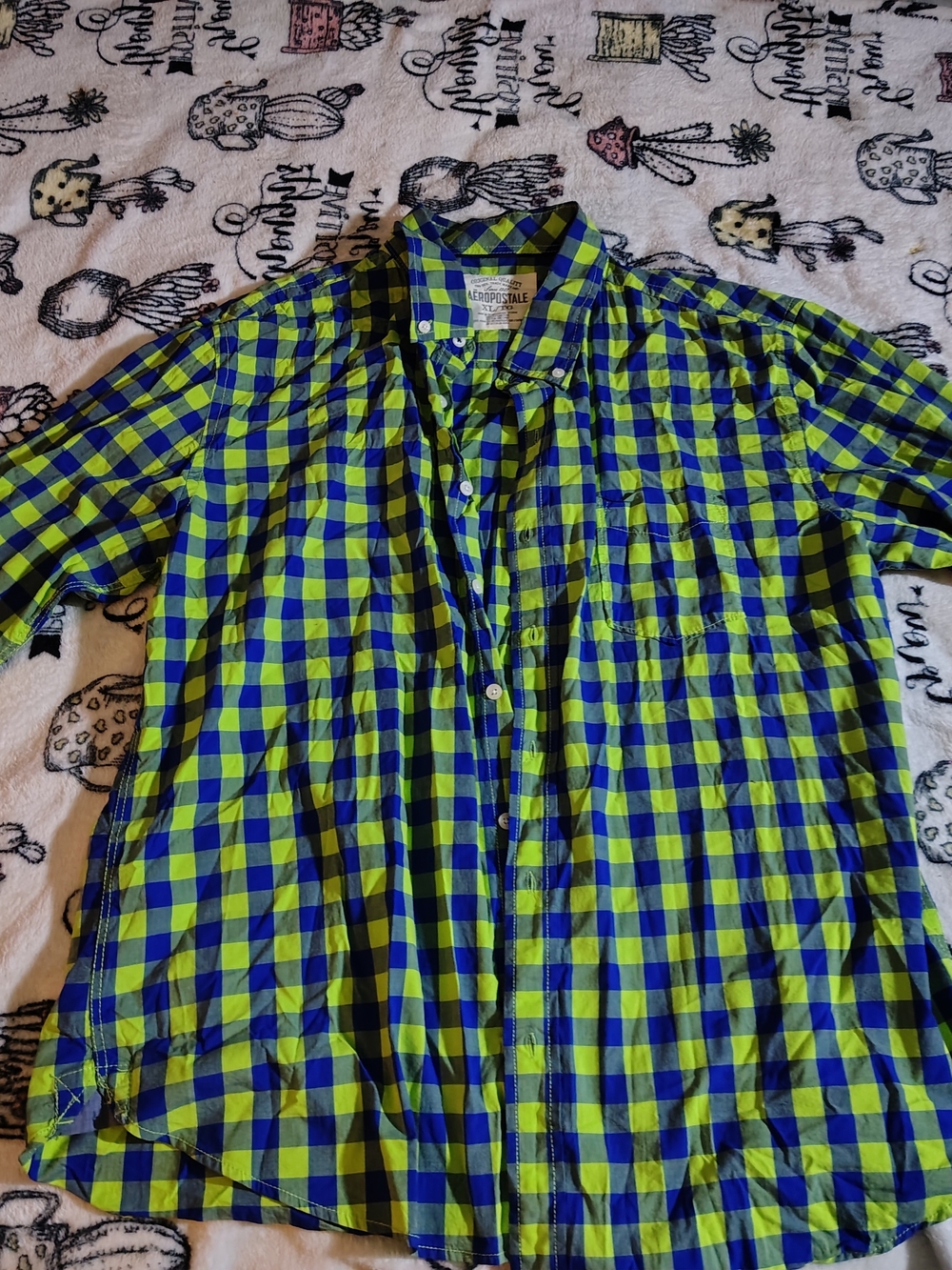 Aeropostale Lime Green and Blue Checked Short-Sleeve Button-Down Shirt